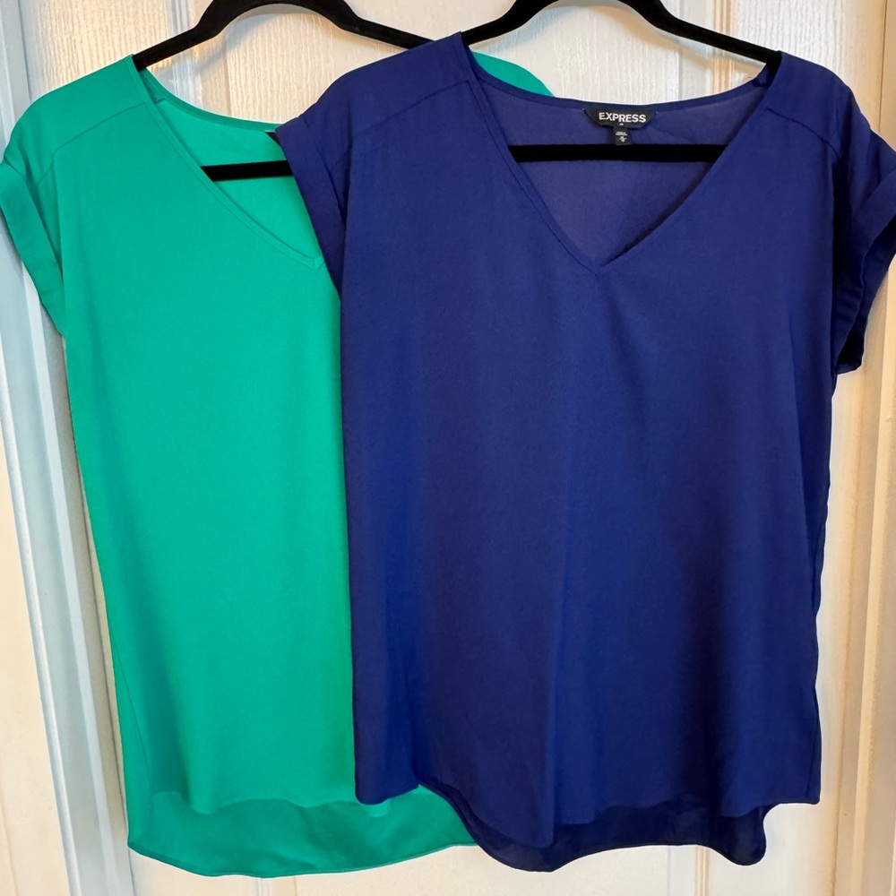 LOT OF TWO-Express Women's V-Neck Tops - Blue and Green, short-sleeve, size Med.